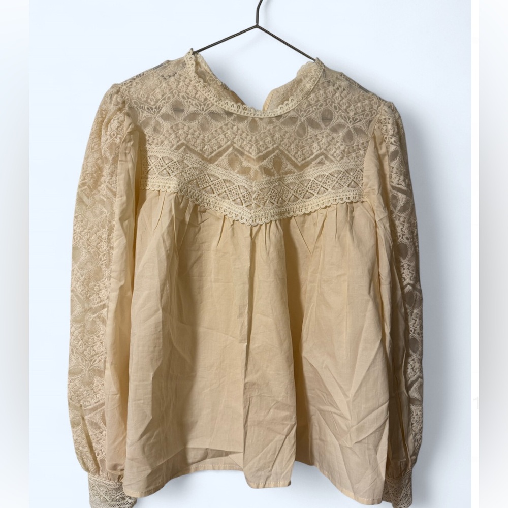 Cottagecore White Lace Fairy Peasant Longsleeve Blouse Size M
